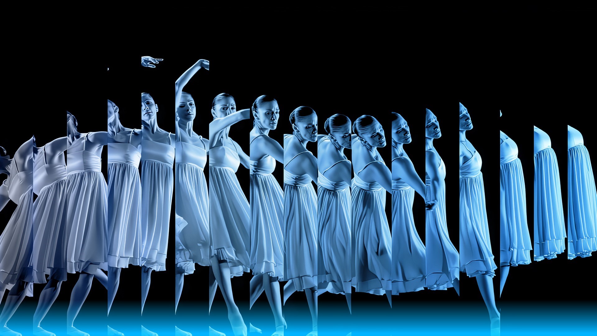 Still render from immersive installation 5 Movements. A stylized blue woman dancer
