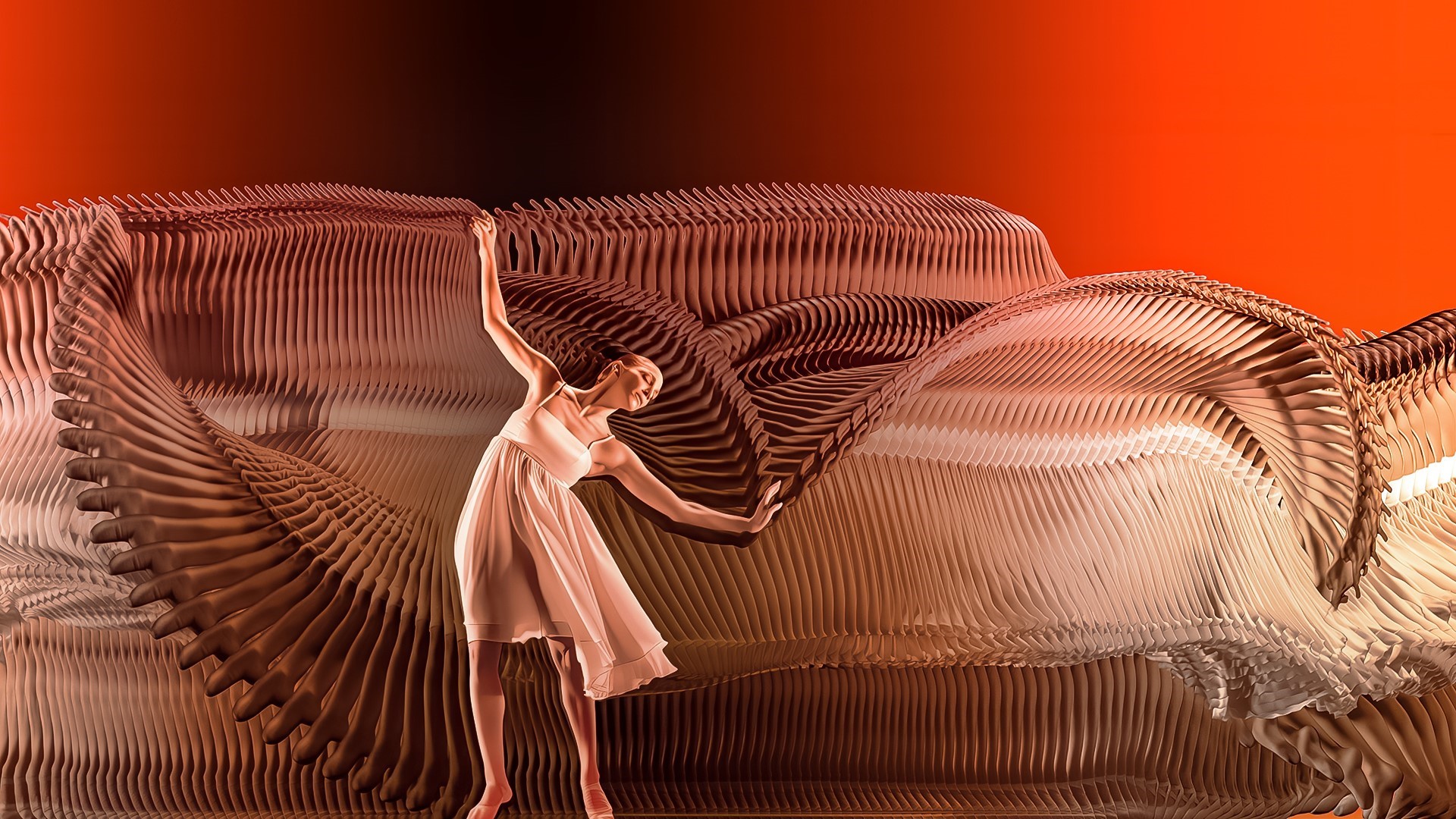Still render from immersive installation 5 Movements. A red woman dancer and slit-scan background